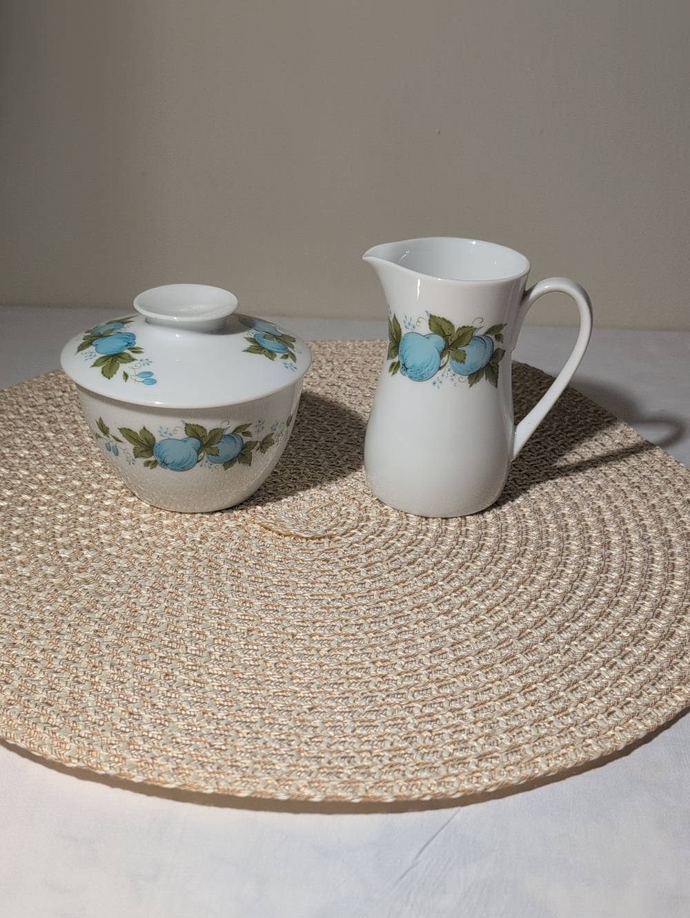 Vintage Noritake Blue Orchard Cook n Serve Sugar Bowl with Lid & Creamer Set